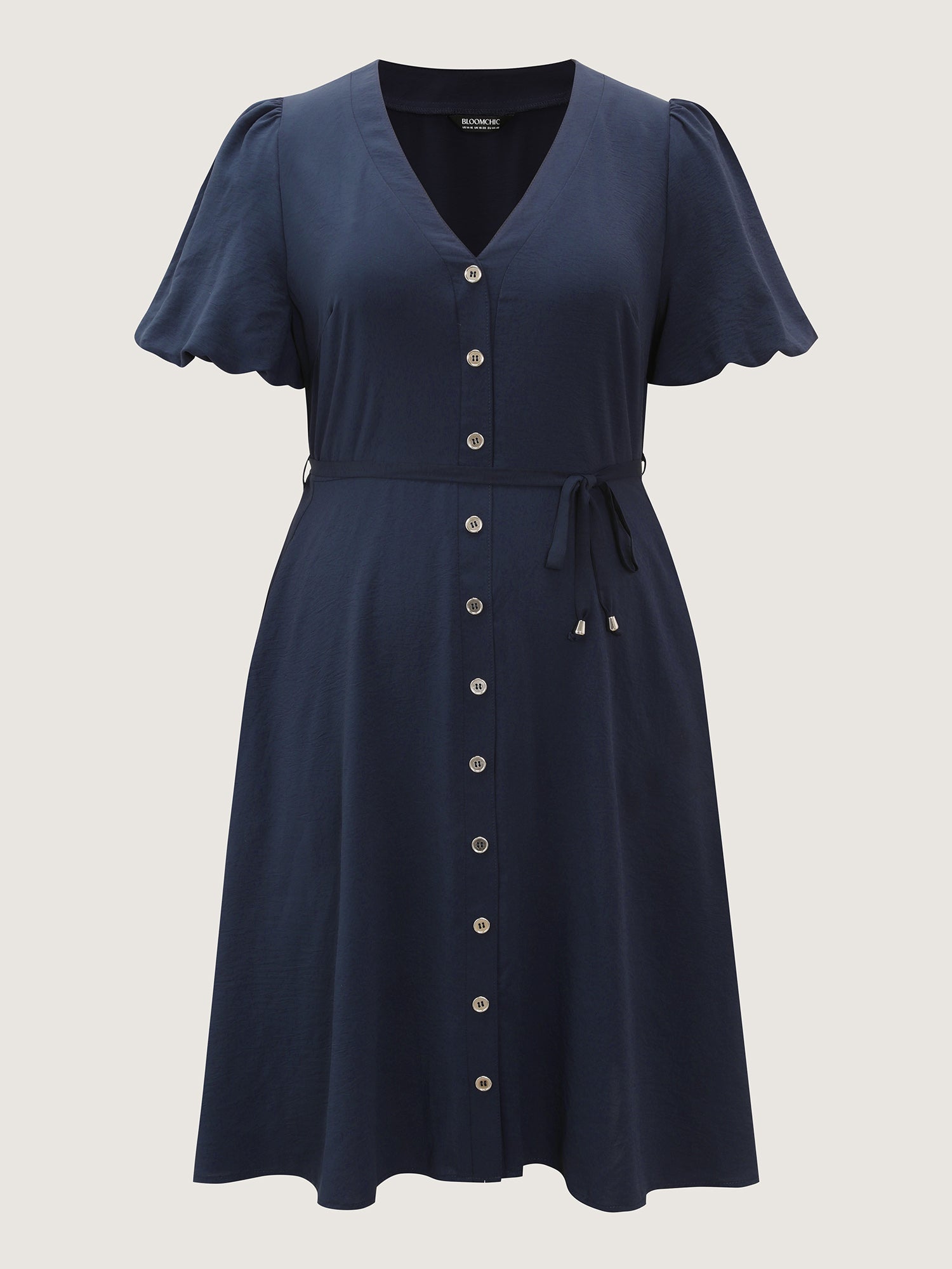 Bubble Sleeve Button Detail Flowy Midi Dress