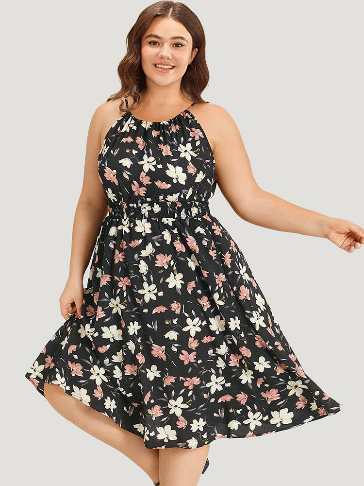 Floral Print Halter Shirred Pocket Ruffle Hem Dress