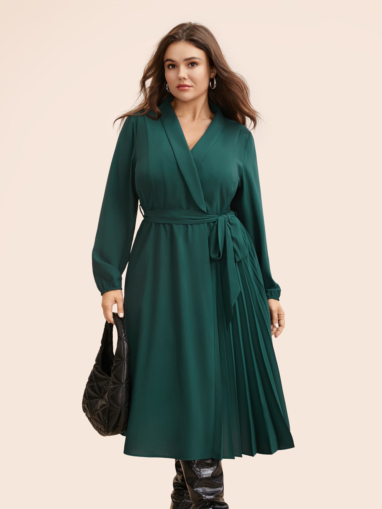 Suit Collar Pleated Belted Midi Dress