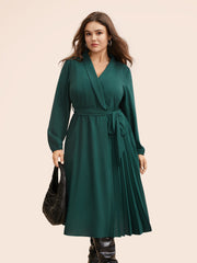 Suit Collar Pleated Belted Midi Dress