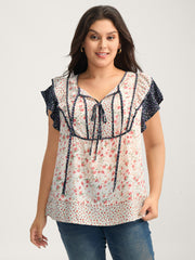 Floral Panel Ruffled Sleeve Blouse