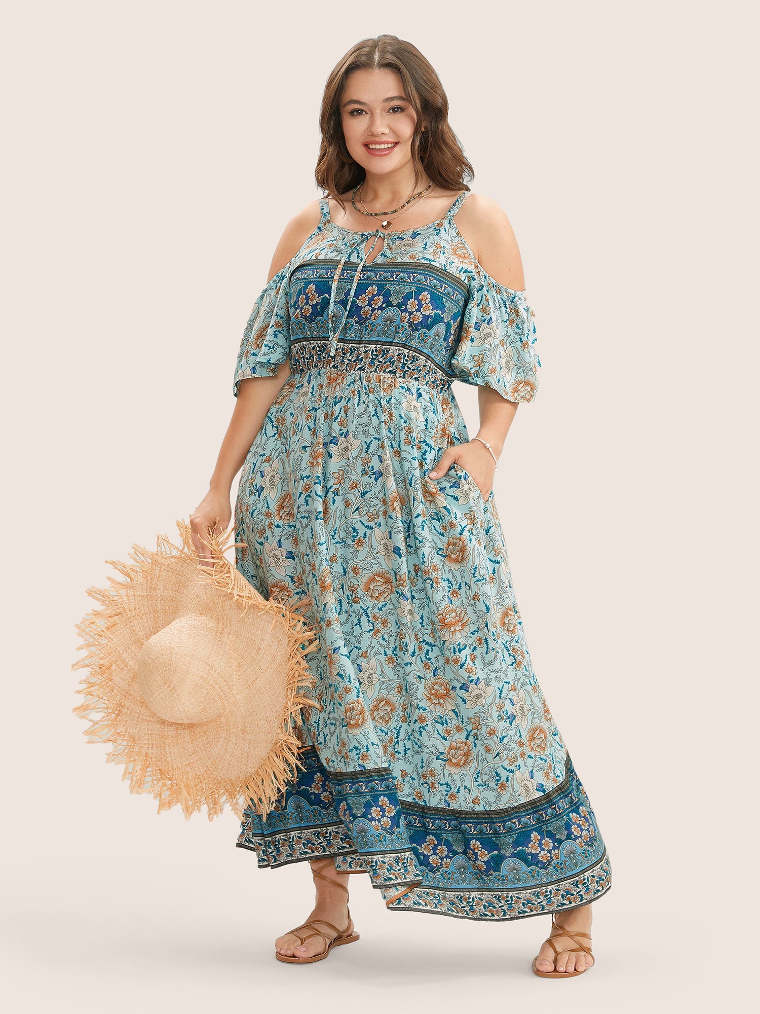 Floral Print Pocket Keyhole Ruffles Cold Shoulder Maxi Dress