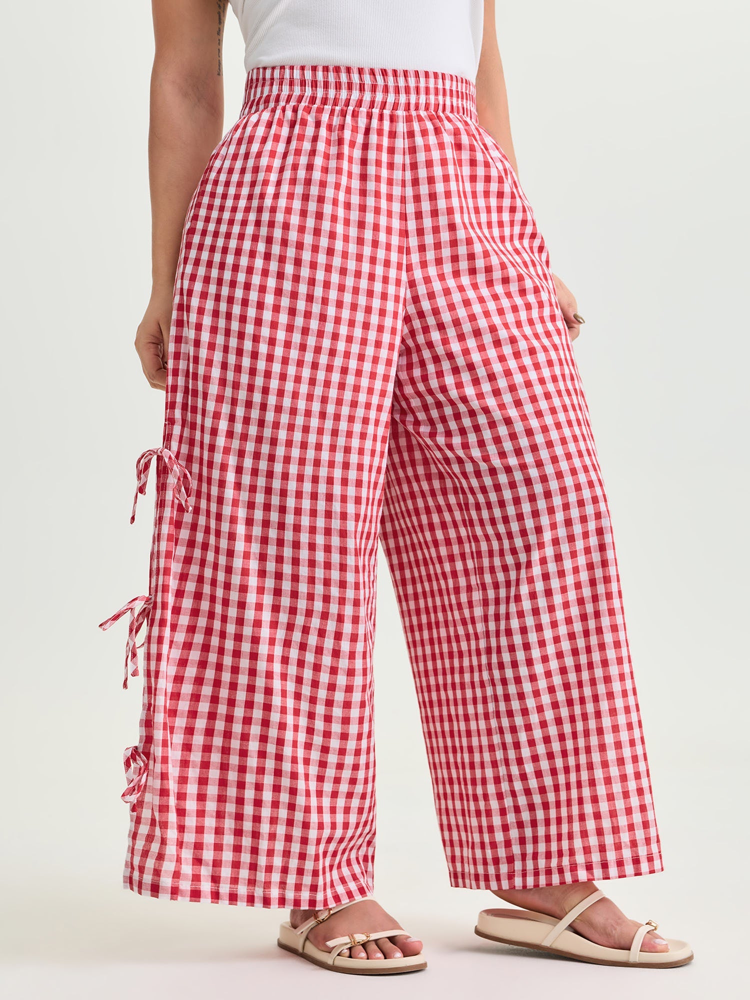 Cotton Gingham Print Side-Tie Pants