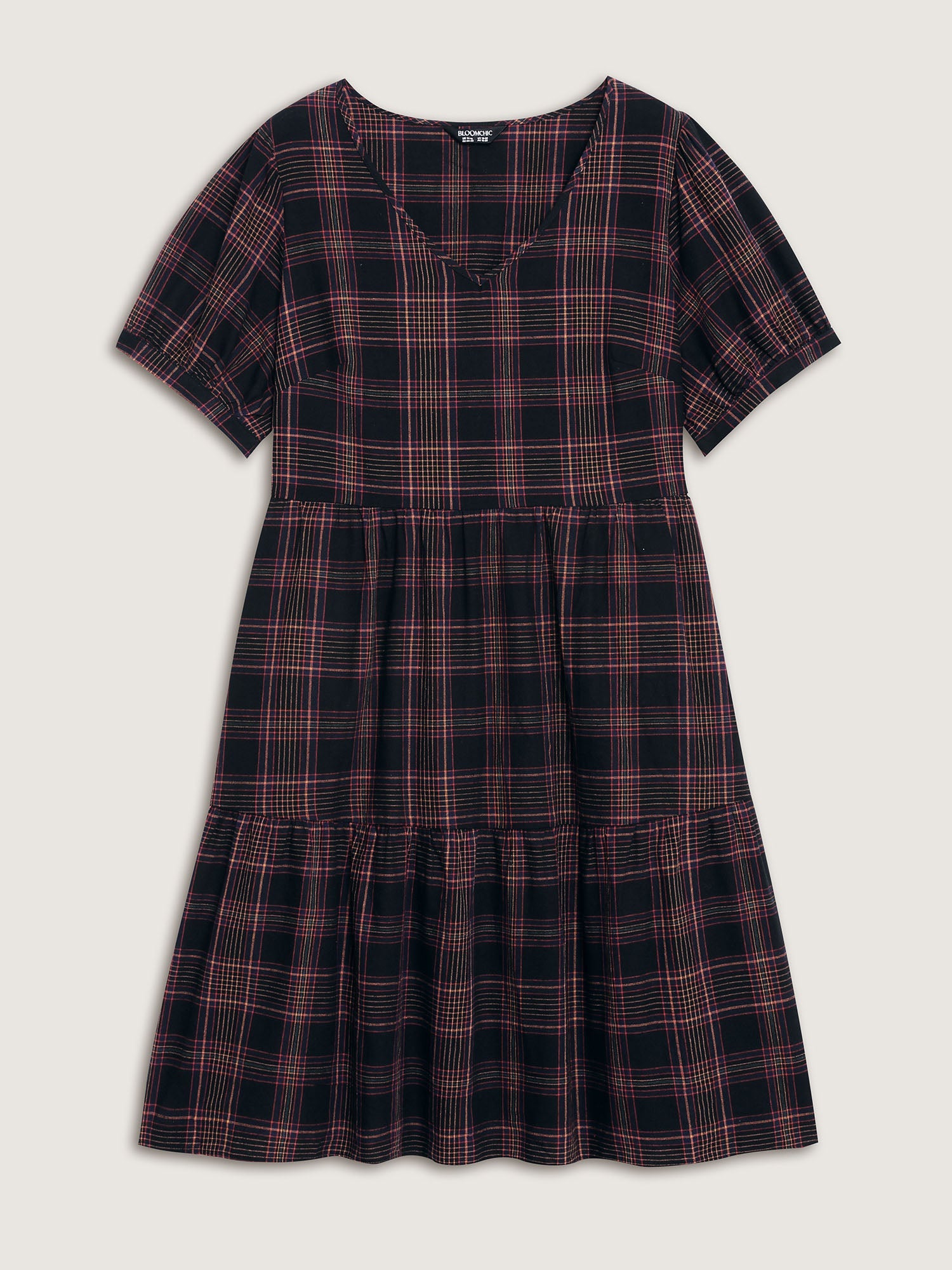 Cotton Retro Plaid Print Tiered Stretchy Mini Dress