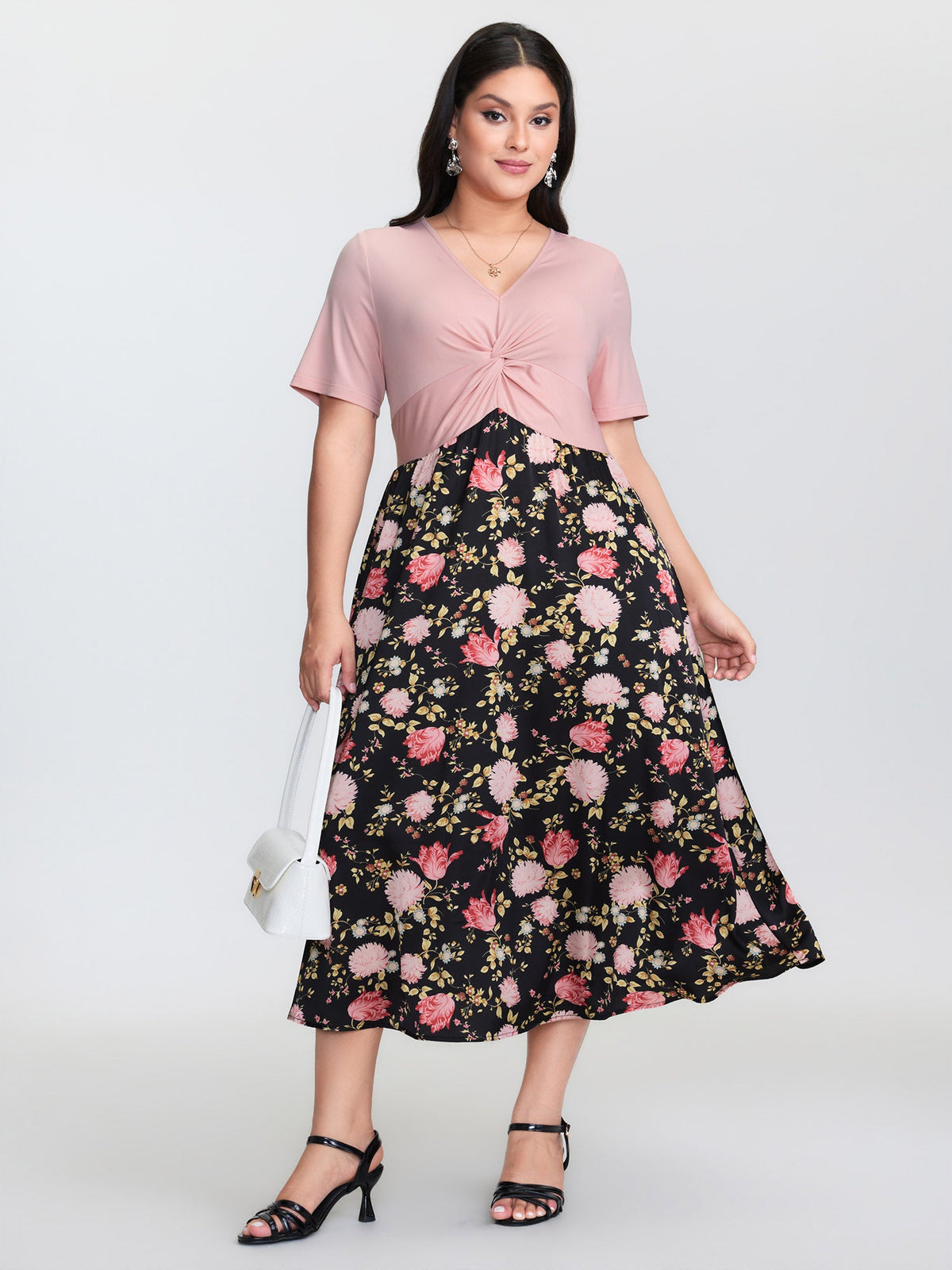 Floral Print Ruched Bodice Midi Dress