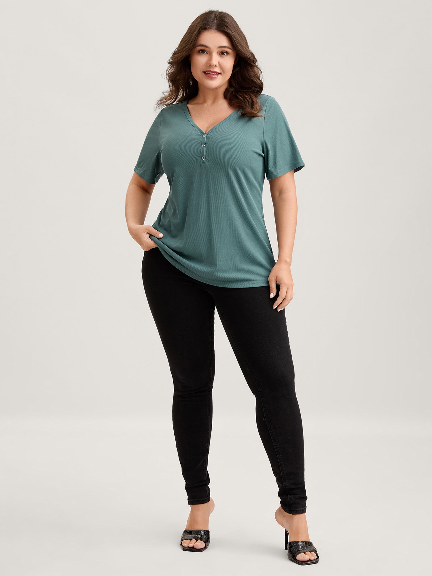 Ribbed Button V-Neck Knit T-Shirt
