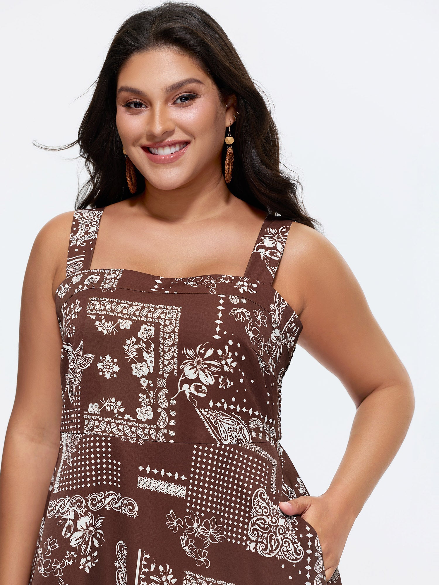 Geometric Print Shirred Overall Straps Midi Dress