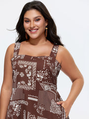 Geometric Print Shirred Overall Straps Midi Dress
