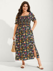 Shirred Stretchy Waist Floral Maxi Dress