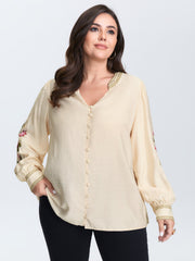 Floral Embroidery Button Front Blouse