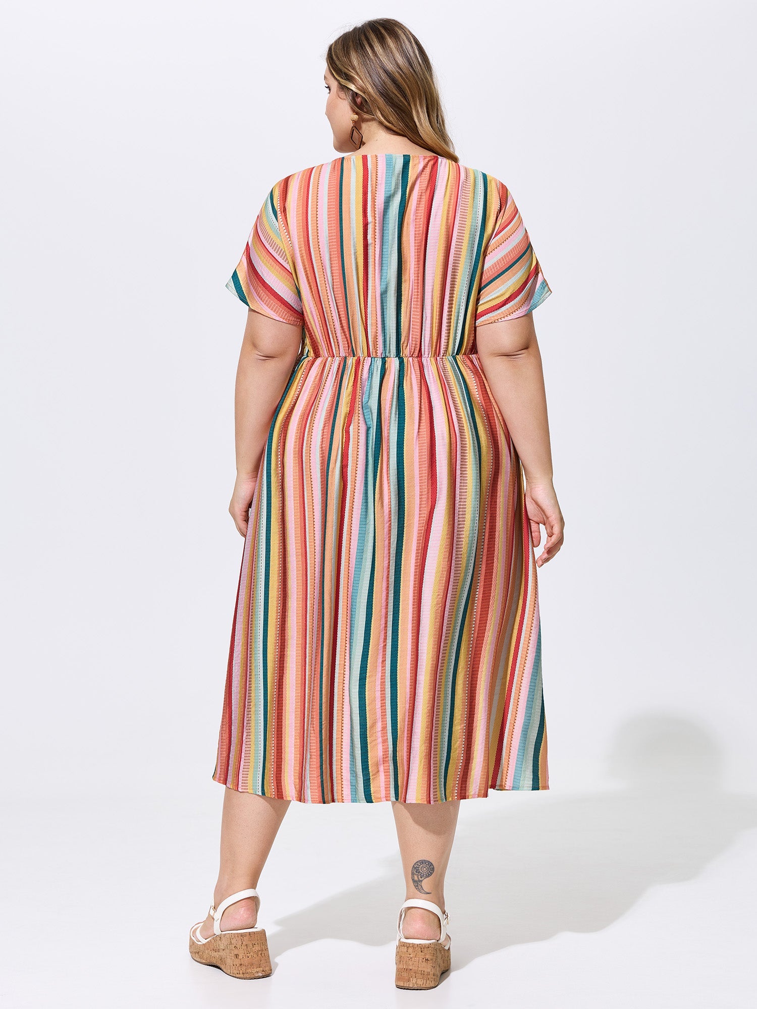 Colorful Striped Print V-Neck Midi Dress
