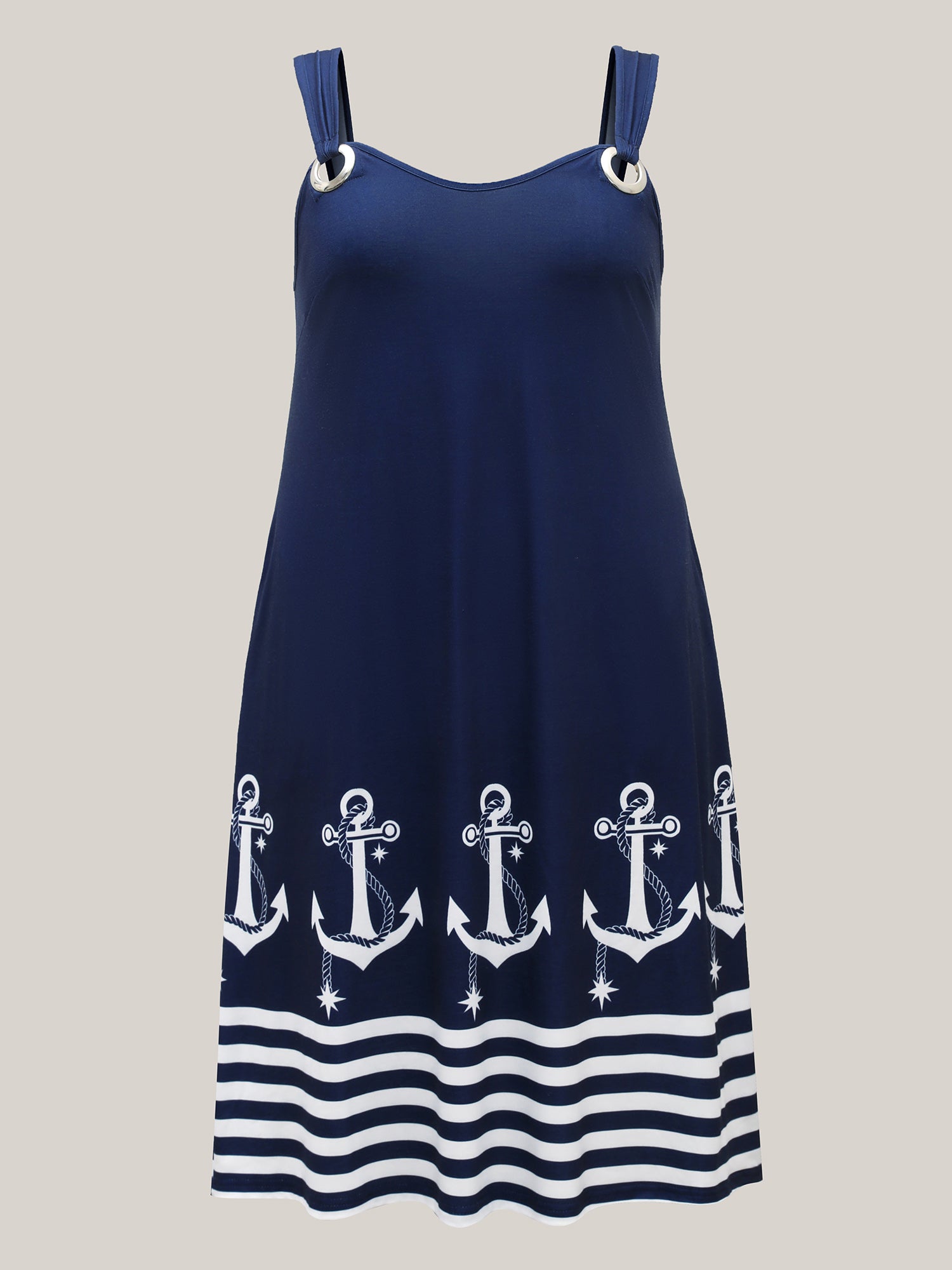 Nautical Print Sleeveless Buckle Midi Dress
