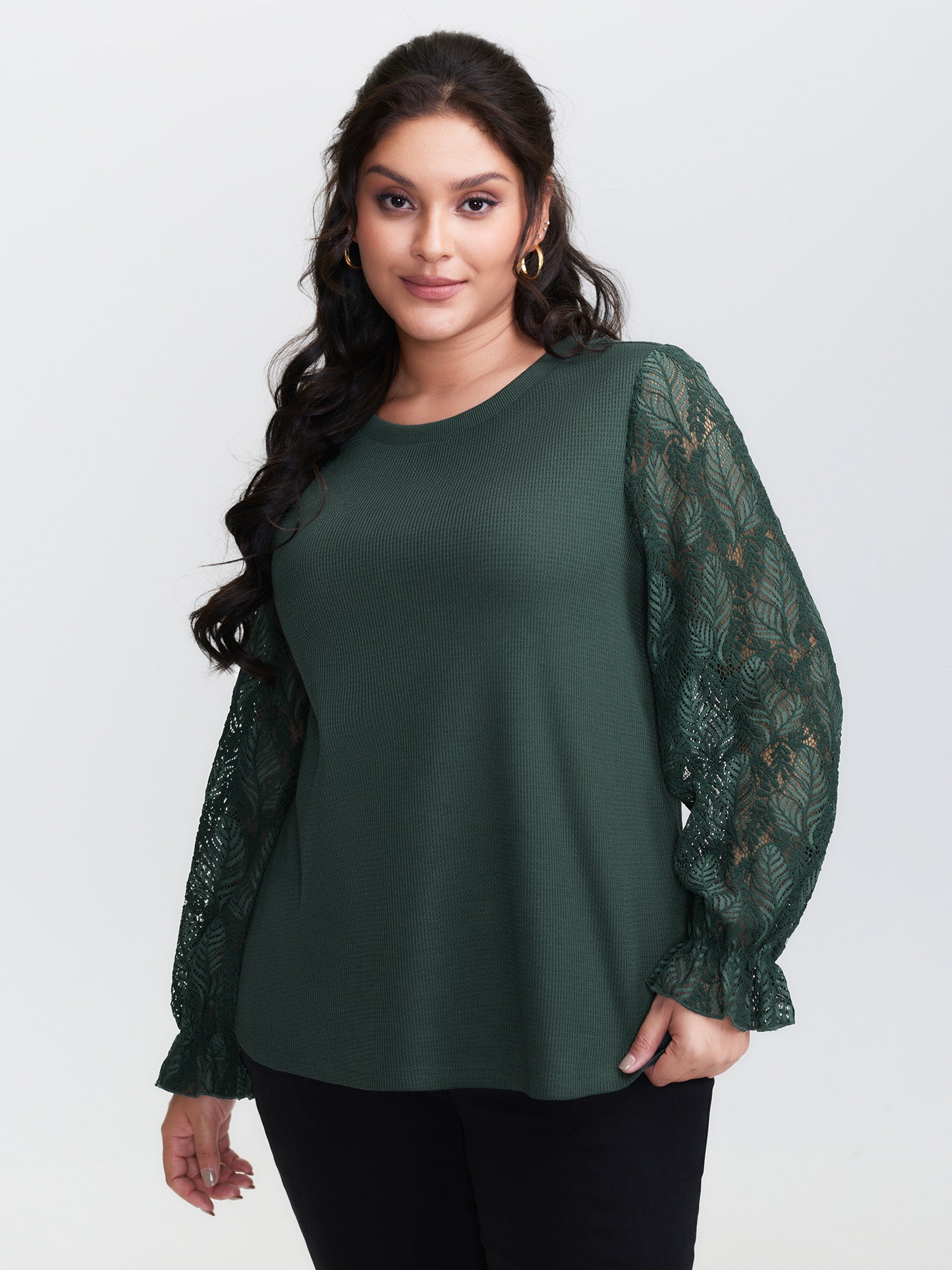 Lace Shirred Cuff Sleeve Sweatshirt