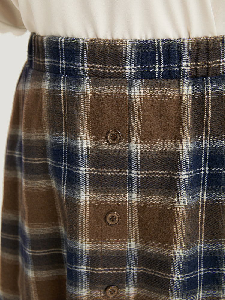 Plaid Button Detail Elastic Waist Woven Skirt