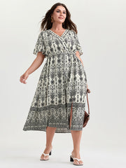 Boho Print Toothpick Pleat Slit Midi Dress