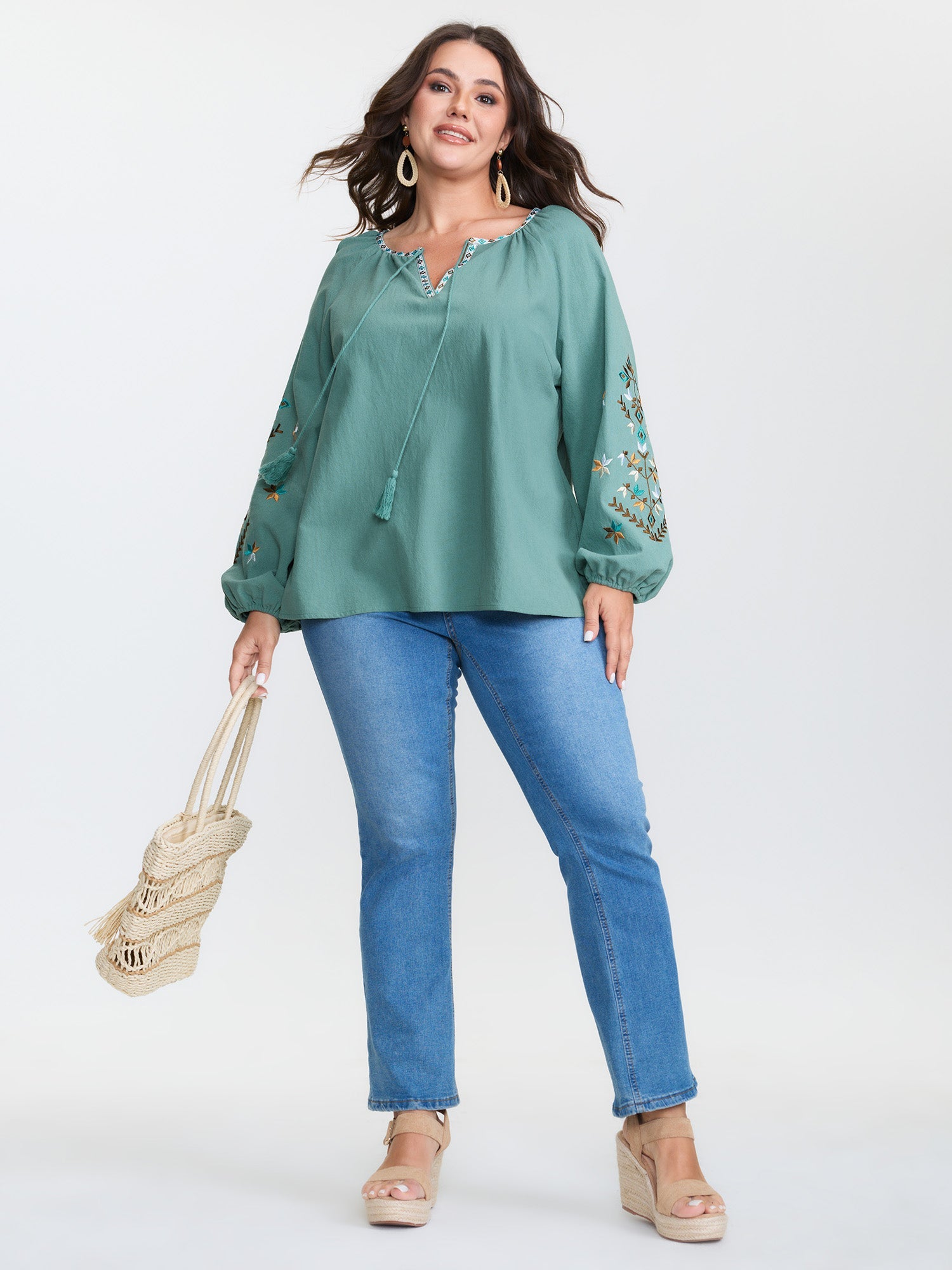 Cotton Floral Embroidered Sleeve Neckline Tie Blouse