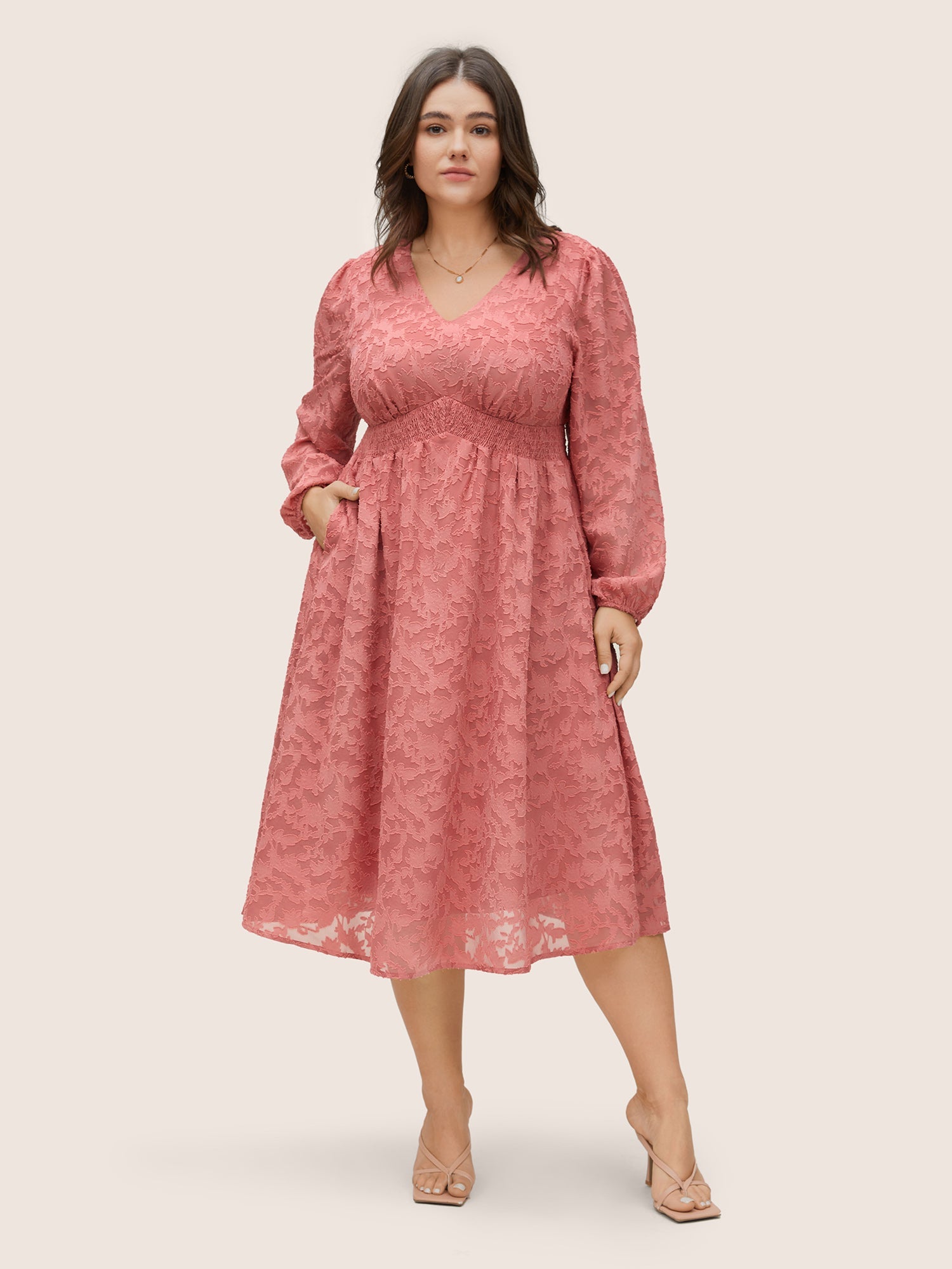 Jacquard Texture Shirred Elastic Waist Dress
