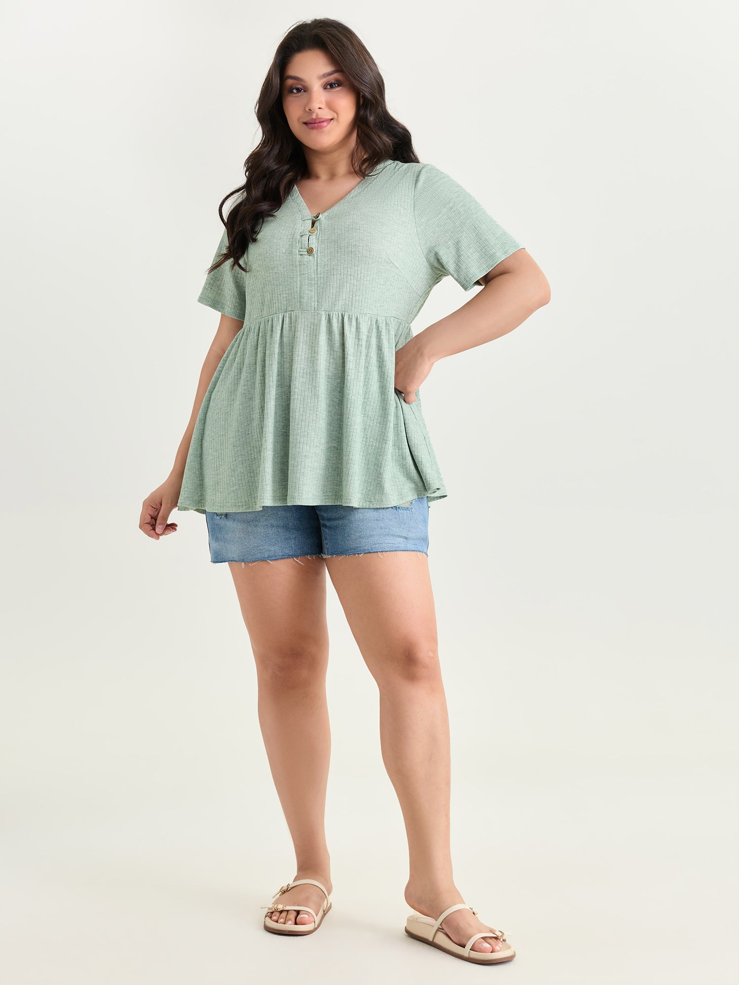 Supersoft Button Detail Plain Knit Top