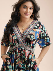 Boho Print Shirred V-Neck Flared Midi Dress