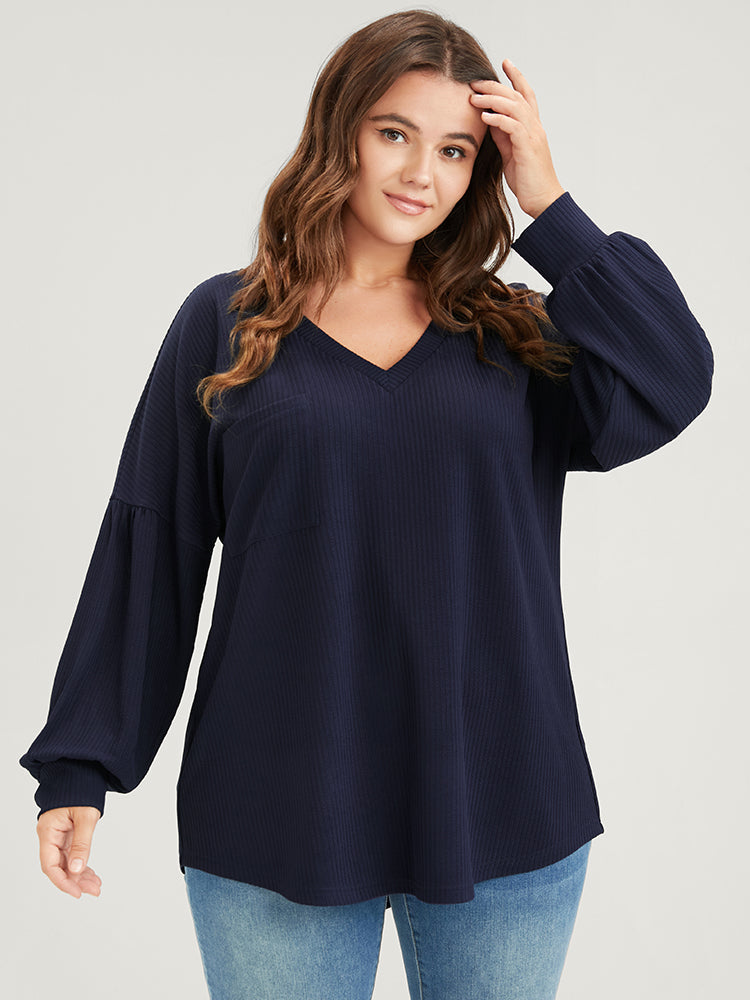 Solid Drop Shoulder Pocket Arc Hem Rib Knit Sweatshirt