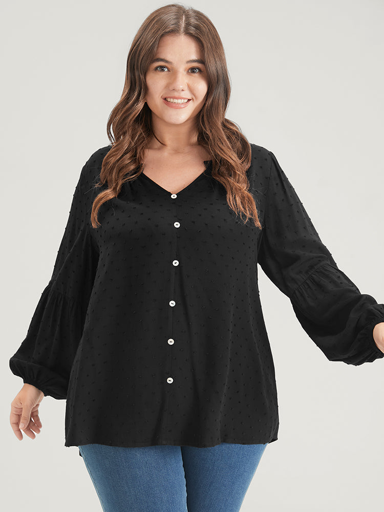 Solid  Button Lantern Sleeve Polka Dot Blouse