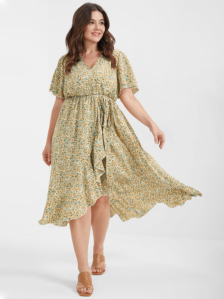 Ditsy Floral Ruffles Ties Split V Neck Dress