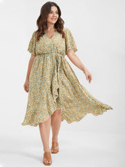 Ditsy Floral Ruffles Ties Split V Neck Dress