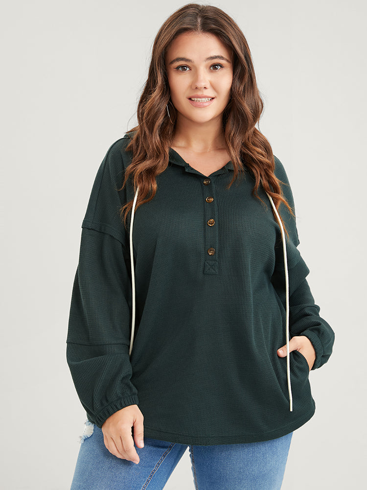 Solid Pocket Button Drawstring Waffle Knit Hooded Sweatshirt