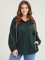 Solid Pocket Button Drawstring Waffle Knit Hooded Sweatshirt
