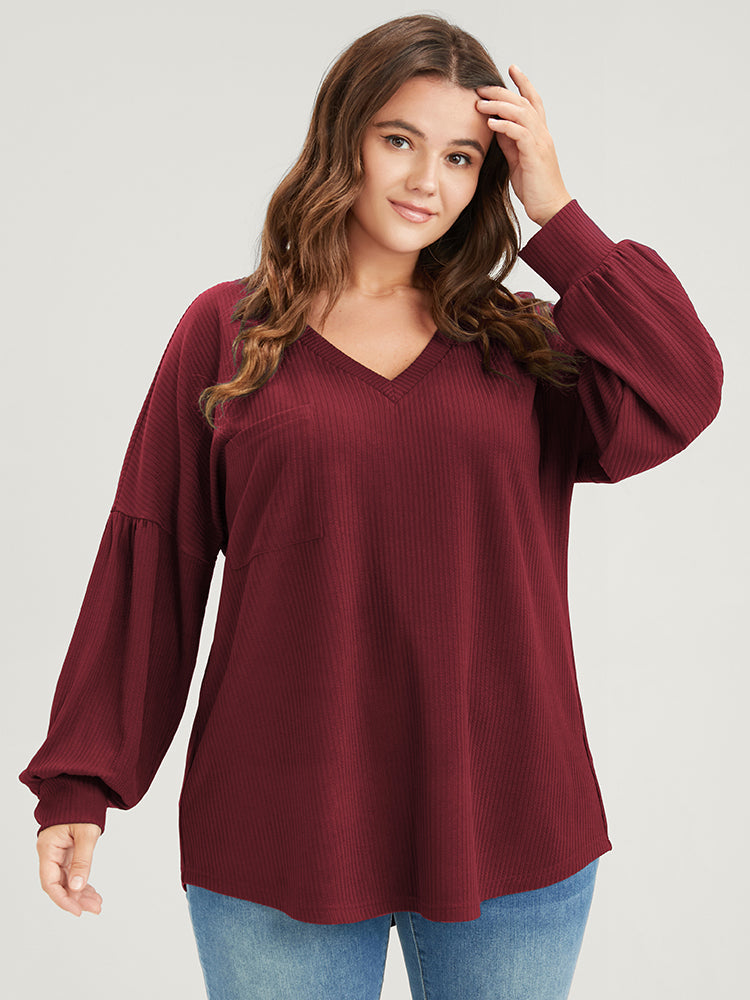 Solid Drop Shoulder Pocket Arc Hem Rib Knit Sweatshirt