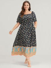 Floral Pocket Ruffles Square Neck Midi  Dress