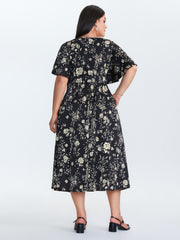 Floral Print V-Neck Cinched-Waist Midi Dress