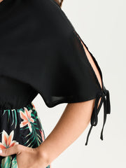 Tropical Floral Print Sleeve Tie Midi Dress