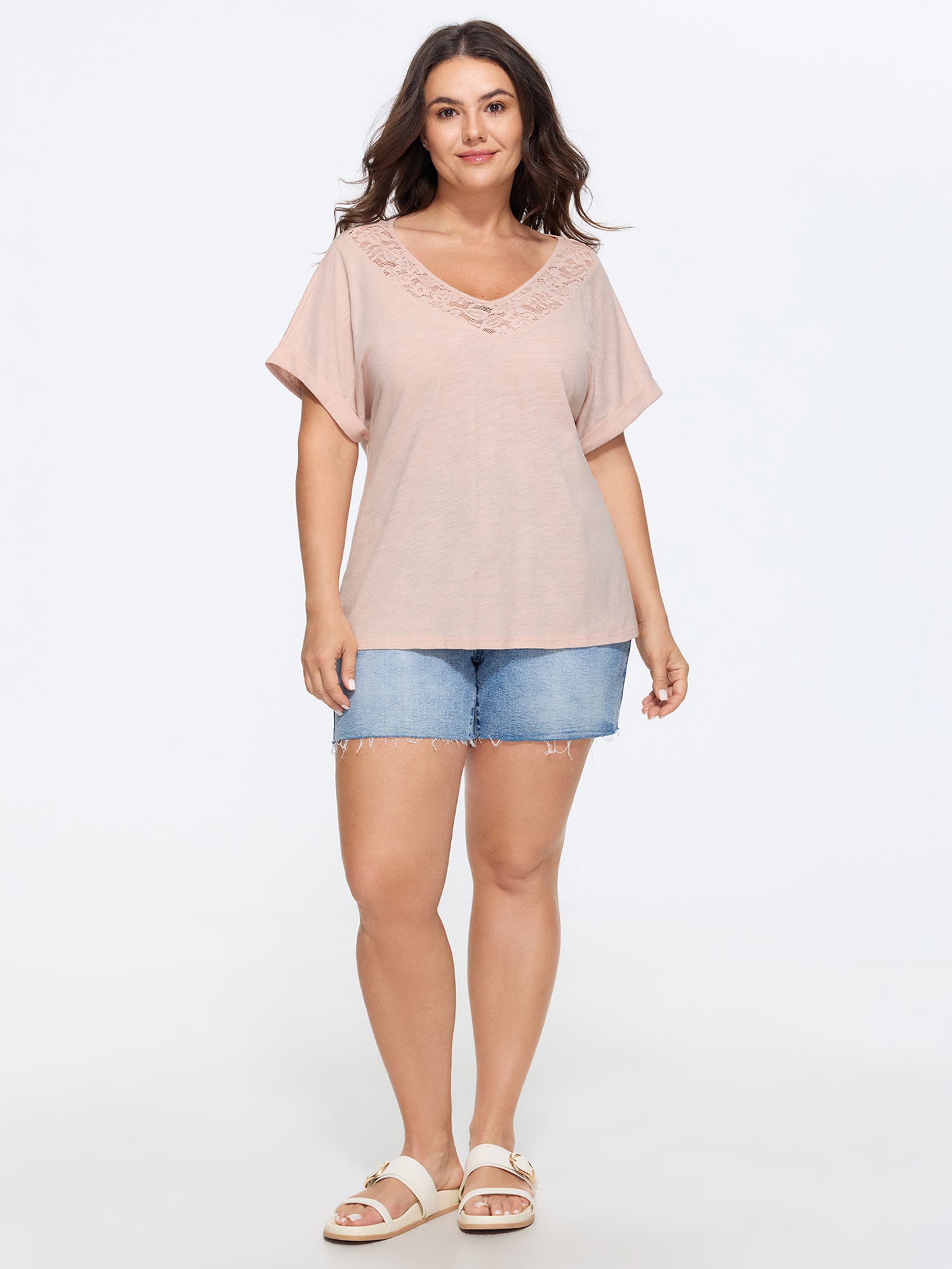 Cotton Lace Neckline Casual Plain T-Shirt