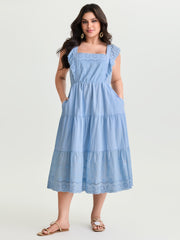 Cotton Flutter Sleeve Tiered Plain Midi Dress