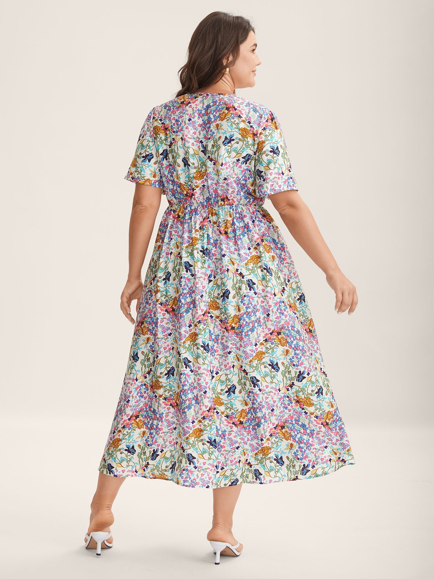 Floral Print Cinched-Waist Pockets Midi Dress