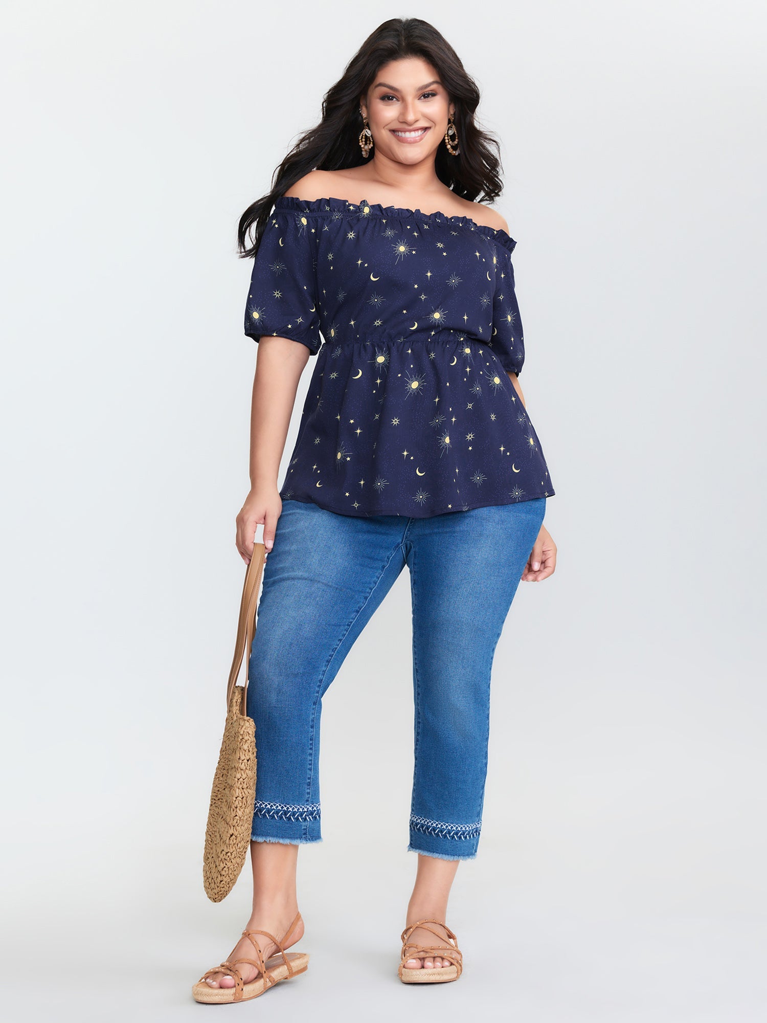 Starry Print Shirred Off-Shoulder Blouse