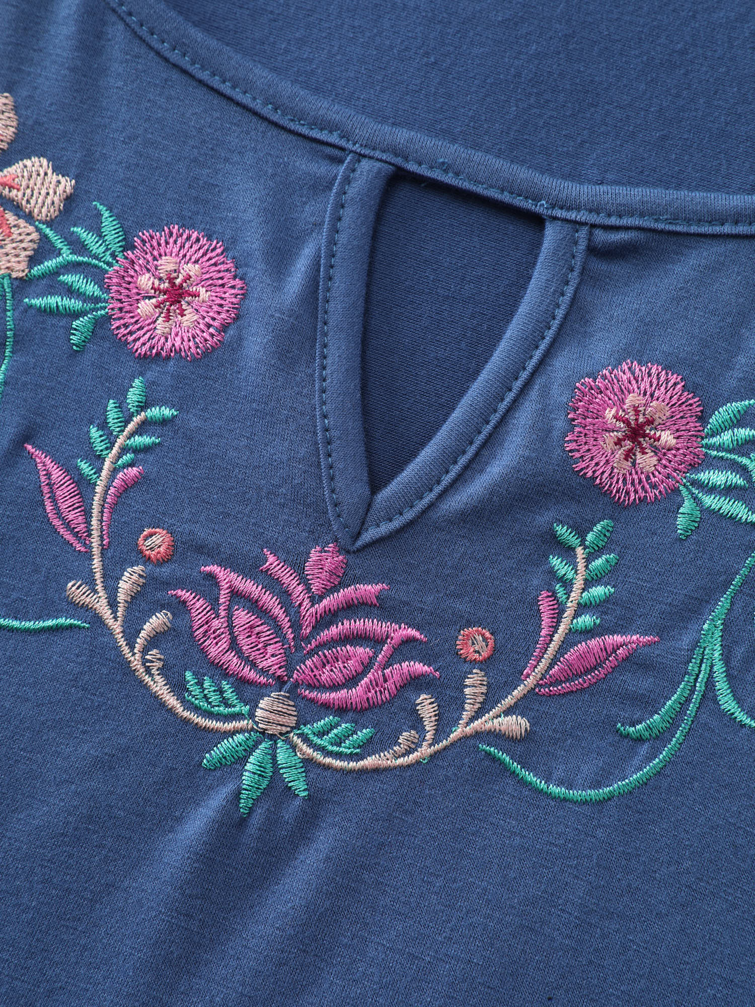 Colorful Floral Embroidered Neckline T-Shirt