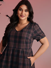 Cotton Retro Plaid Print Tiered Stretchy Mini Dress