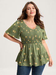 Floral Shirred Tiered Knit Top