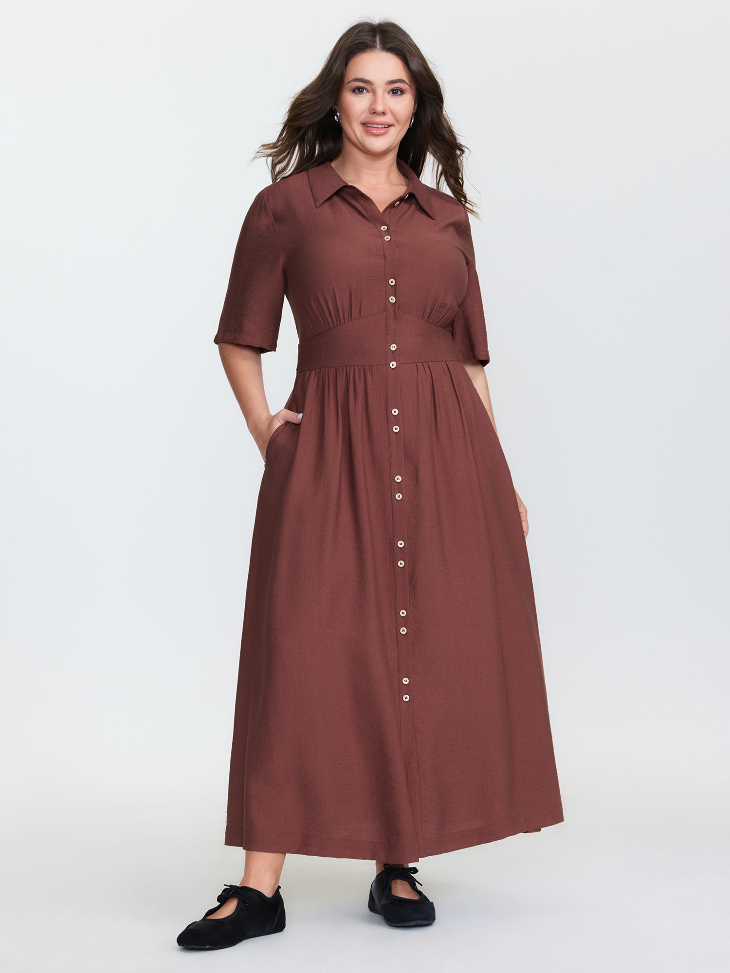 Triangular Waist Button Detail Shirred Maxi Dress