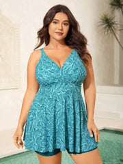 Leafy Print Fit and Flare Swim Dress