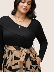 Geometric Contrast Patchwork Asymmetrical Neck Belted Dress