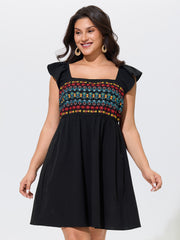 Cotton Boho Embroidery Ruffle Strap Mini Dress