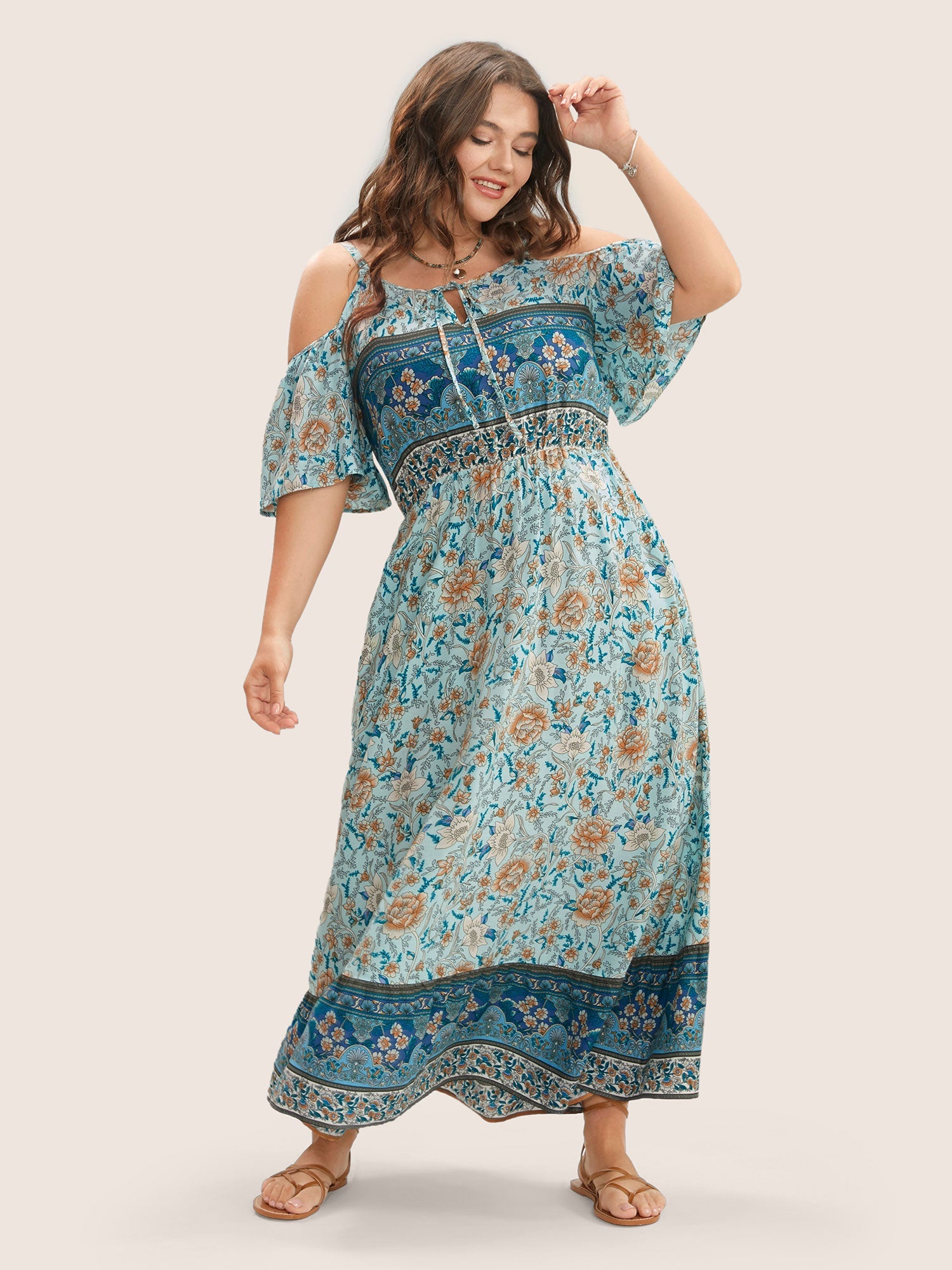 Floral Print Pocket Keyhole Ruffles Cold Shoulder Maxi Dress