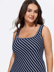 Striped Print Square Neck Rib Mini Dress