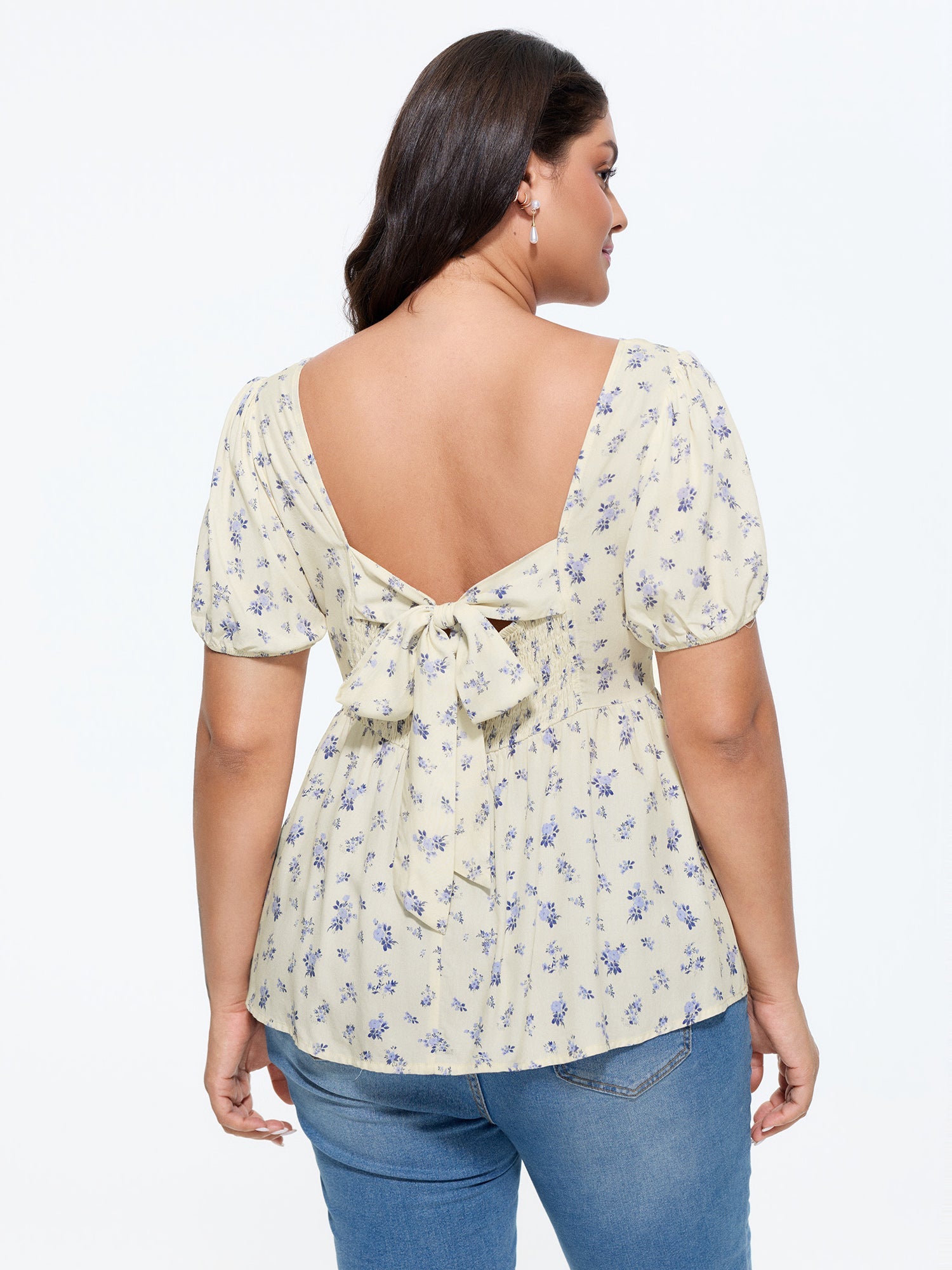 Floral Print Back-Bow Flared Blouse