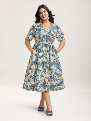 In Full Bloom Notched Collar Pockets Midi Dress