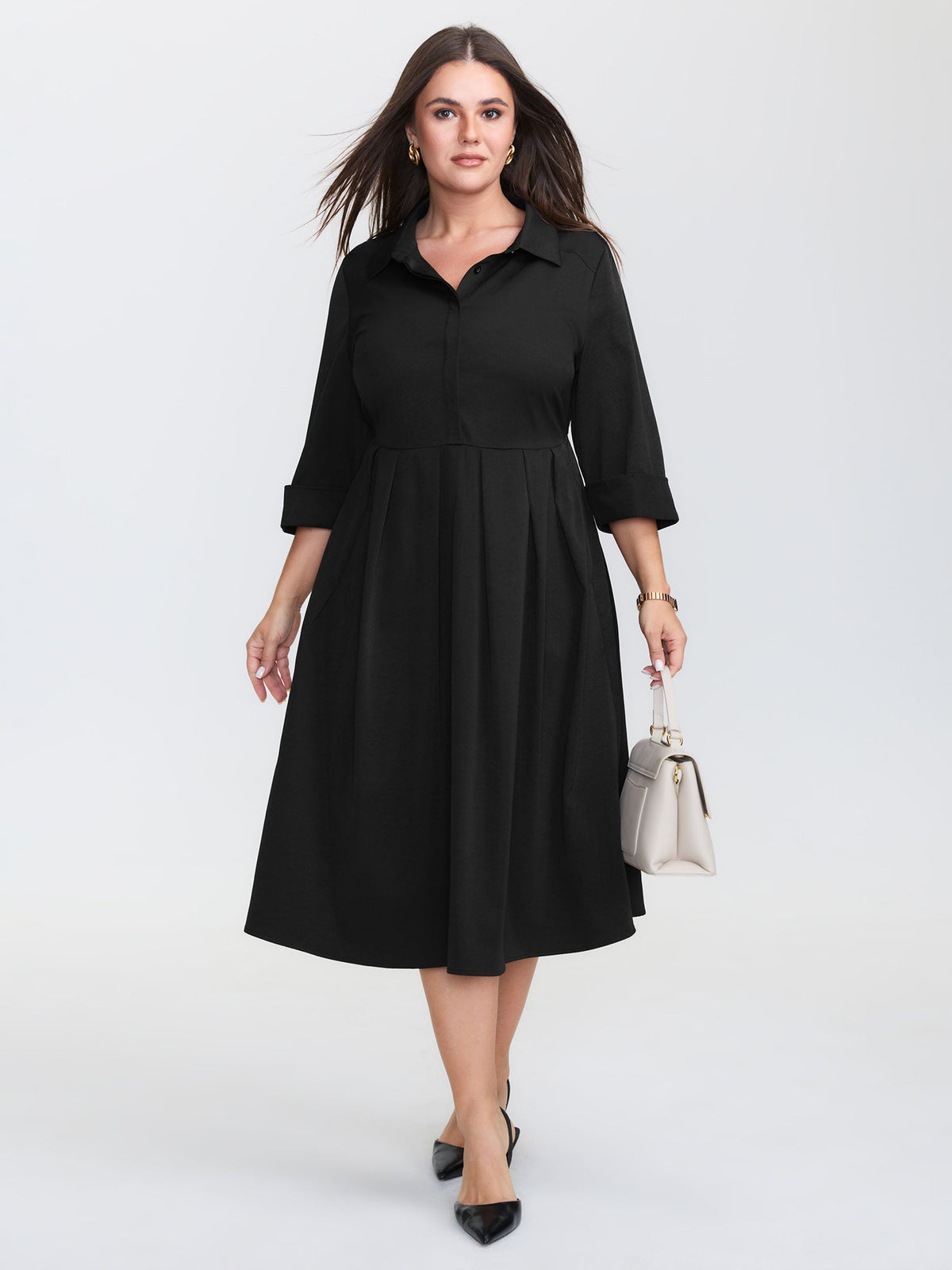 Pleated Placket Flowy Solid Color Midi Dress