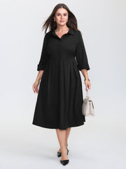 Pleated Placket Flowy Solid Color Midi Dress
